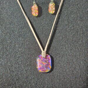 Dichroic Glass Pendant Necklace & Matching Earrings Set 24"